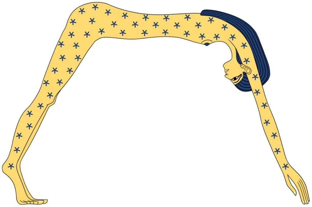 Depiction of the Egyptian sky goddess Nut with a star-covered arched body, symbolizing the heavens, from the Tomb of Ramesses VI. Credit: Eternal Space